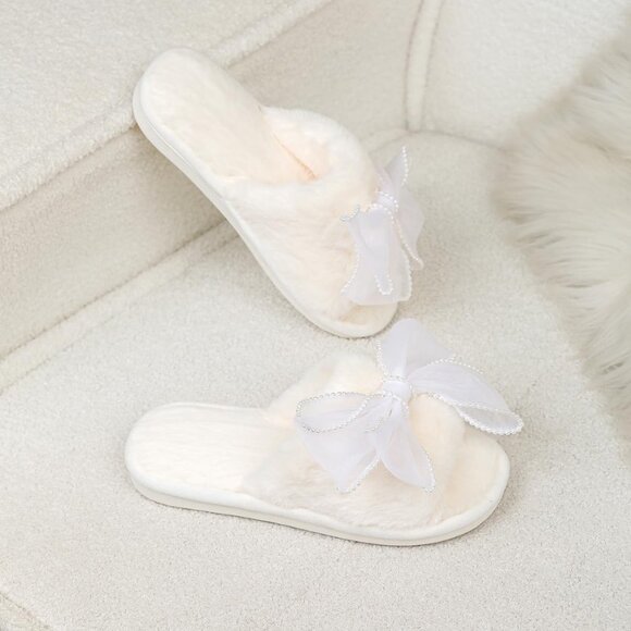 Women's White Cute Bow Open Toe Fuzzy House Memory Foam Anti Skid Slippers Shoes - Picture 5 of 9